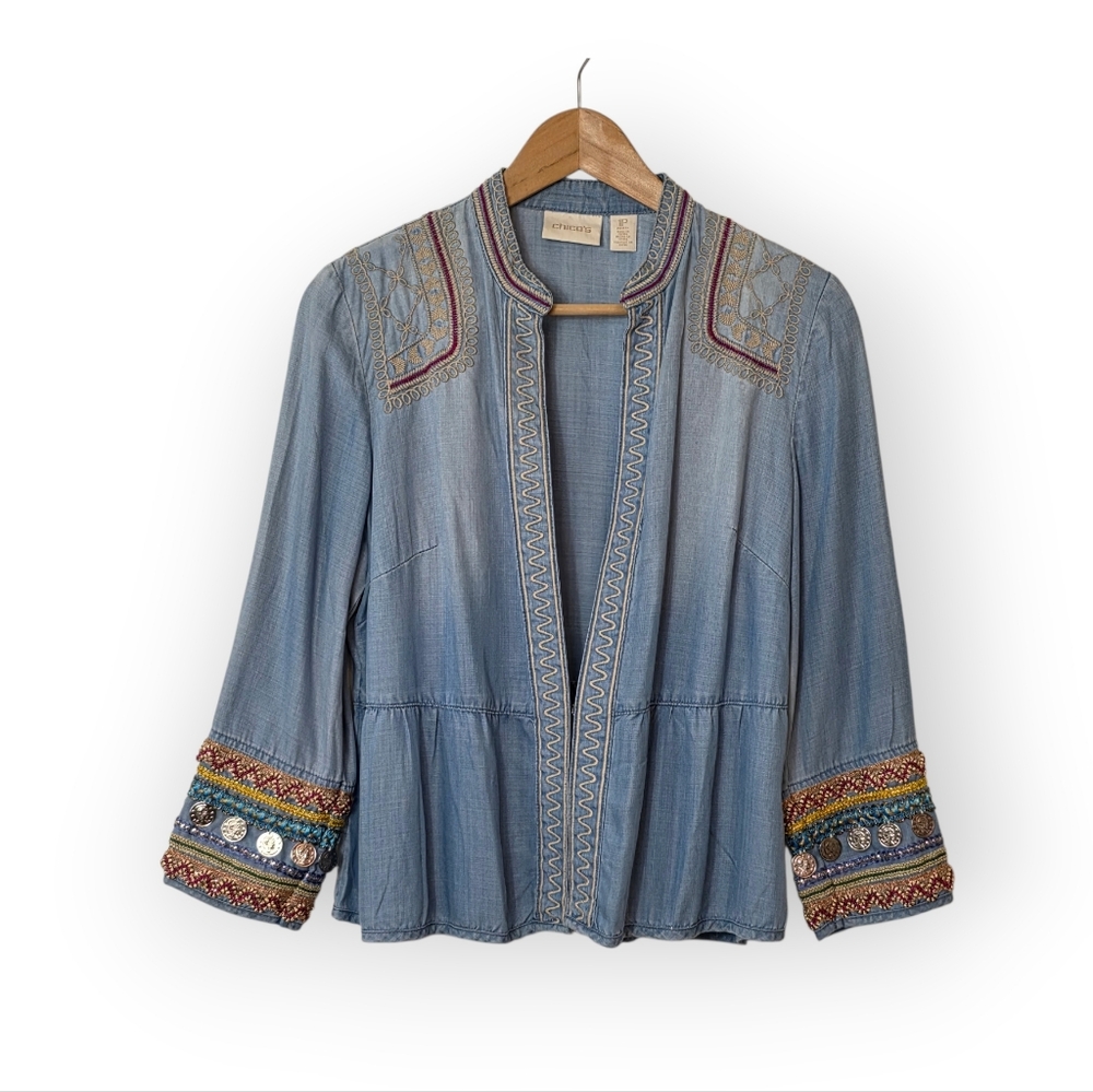 Chico's Women’s Chambray Embroidered Bohemian Peplum Hook & Eye Medium Petite